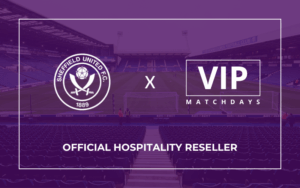 Sheffield United hospitality packages announcement: The Sheffield United club crest is displayed next to the VIP Matchdays logo with an 'X' between them, confirming VIP Matchdays as an Official Hospitality Reseller against a backdrop of the stadium seating and pitch.
