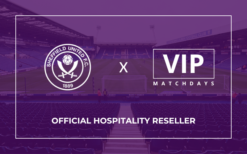 Sheffield United hospitality packages announcement: The Sheffield United club crest is displayed next to the VIP Matchdays logo with an 'X' between them, confirming VIP Matchdays as an Official Hospitality Reseller against a backdrop of the stadium seating and pitch.