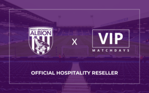 West Bromwich Albion FC logo alongside VIP Matchdays logo, signifying their partnership and that VIP Matchdays are official hospitality re-sellers at The Hawthorns.