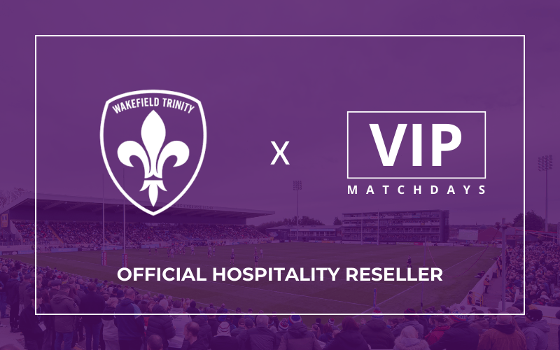 Wakefield Trinity and VIP Matchdays logos with the text 'Official Hospitality Reseller' over a background of the DIY Kitchens Stadium to promote Wakefield Trinity hospitality packages.