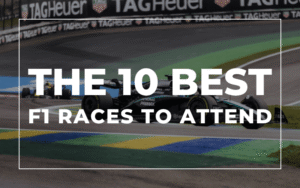 A Mercedes and Red Bull Formula 1 car racing at Interlagos Circuit, Brazil, with 'The 10 Best F1 Races to Visit' on top of a dark grey overlay, representing the best F1 races to experience in hospitality with VIP Matchdays.