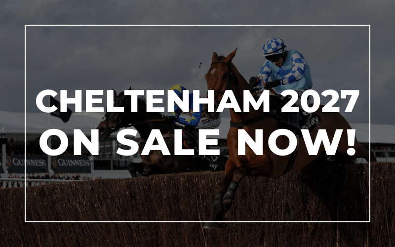 Two horses and jockeys jumping a fence during a race at the Cheltenham Festival with text overlay stating Cheltenham 2027 On Sale Now.
