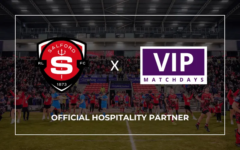 VIP Matchdays official partnership announcement graphic for Salford RLFC hospitality packages at CorpAcq Stadium, showing the Salford RLFC & VIP Matchdays logos and the text 'Official Hospitality Partner' beneath on a dark translucent overlay with an image of the Salford RLFC running out at the CorpAcq stadium behind.