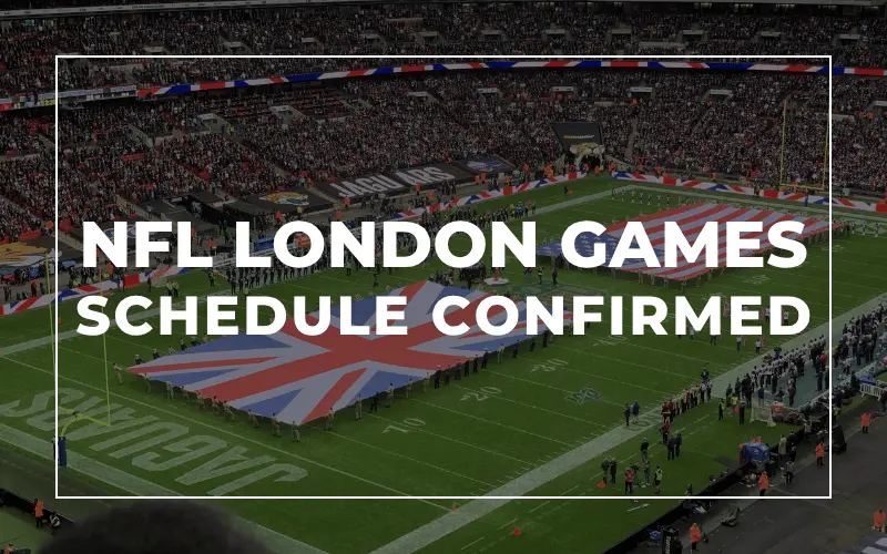 NFL London Games 2026 Schedule Confirmed and Hospitality - Image shows a crowd at Wembley Stadium during an NFL London game with players on the field holding a large Union Jack flag.